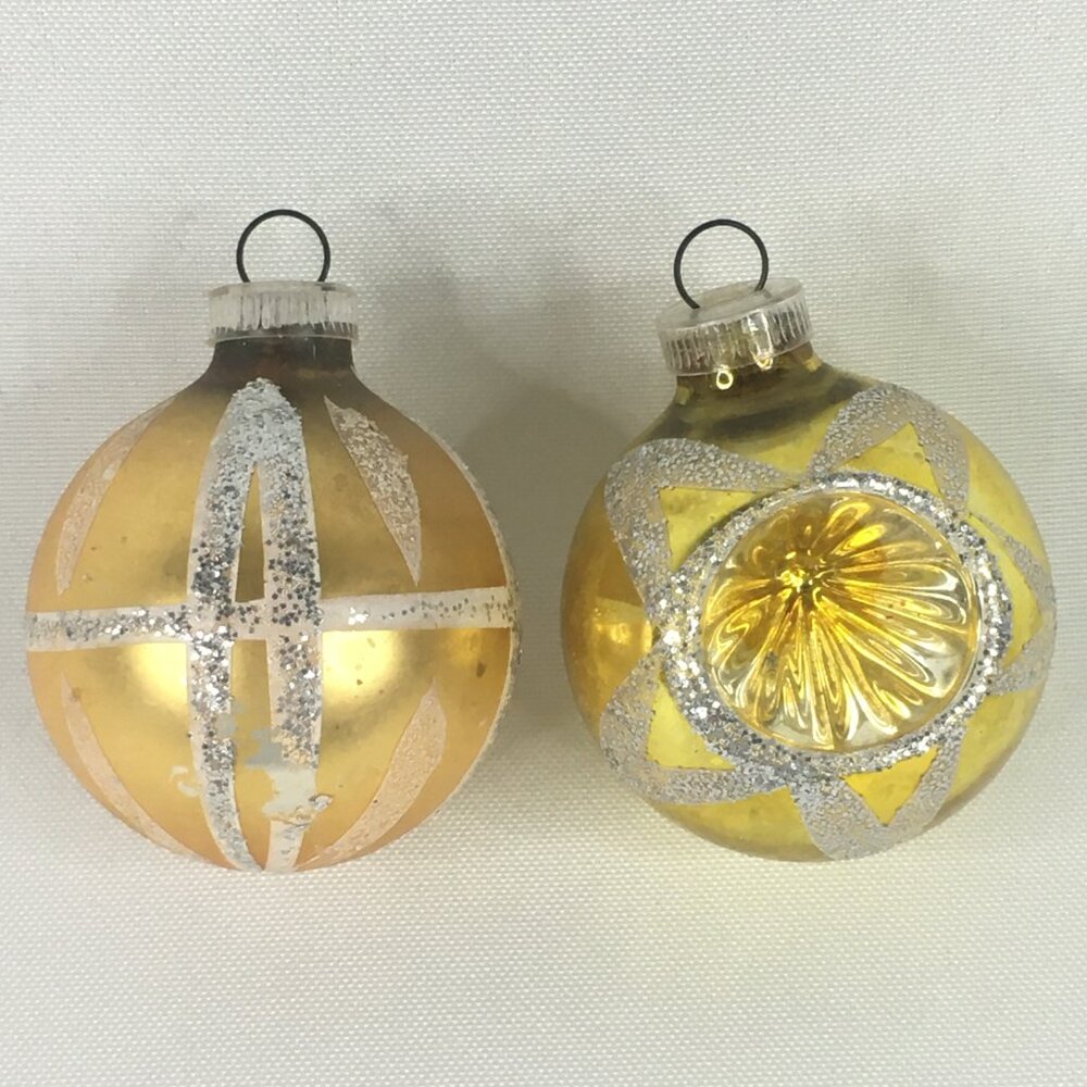 2 Vintage Yellow Gold Glass Ball Christmas Ornaments Reflector Indent Glitter